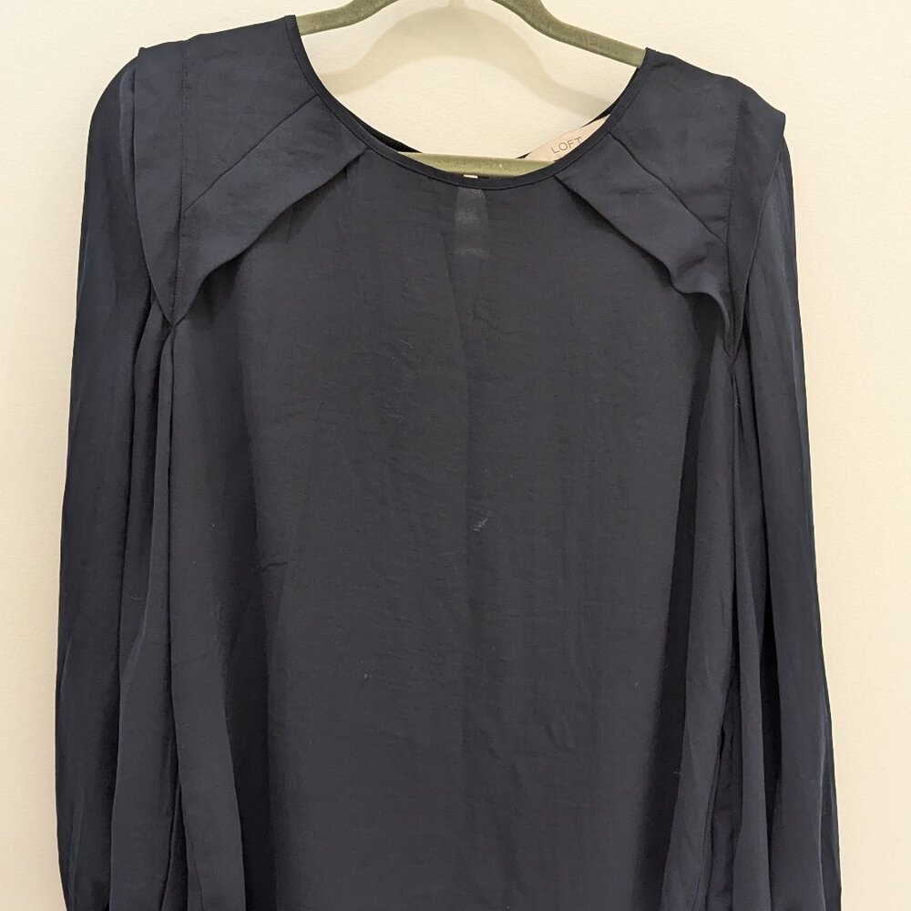 Navy Blue Raglan Sleeve Blouse with Puff Sleeve and Pleated Shoulder Detail
